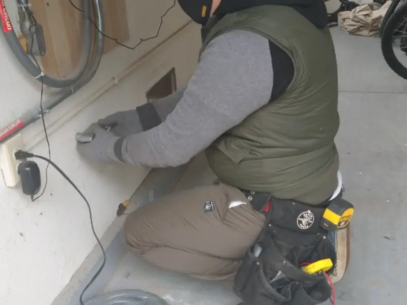 Electrician performing outlet wiring in a Hugo garage